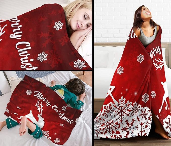 Christmas Blanket Merry Christmas Throw Blanket Red Flannel Fleece Blanket White Snowflake Printed Red White Blanket Soft Plush Blanket for Bedroom Couch Sofa 50"x60"