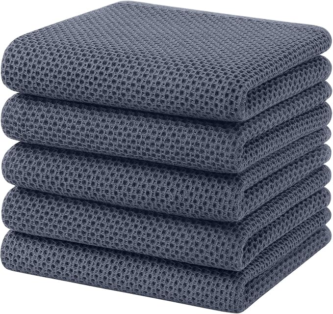 Homaxy 100% Cotton Waffle Weave Kitchen Towels, 5-Pack, Dark Grey | 13 x 28 Inches, Ultra Soft Absorbent Dish Towels, Quick Drying Cleaning Towels