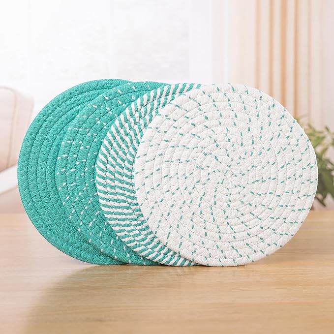 SHACOS 8 Inches Trivets for Hot Dishes, 4 Pieces Cotton Trivets Mats for Kitchen, Hot Pads for Countertops and Table, Heat-Resistant Pot Holders for Hot Pots and Pans(Teal Blue, 4pcs)