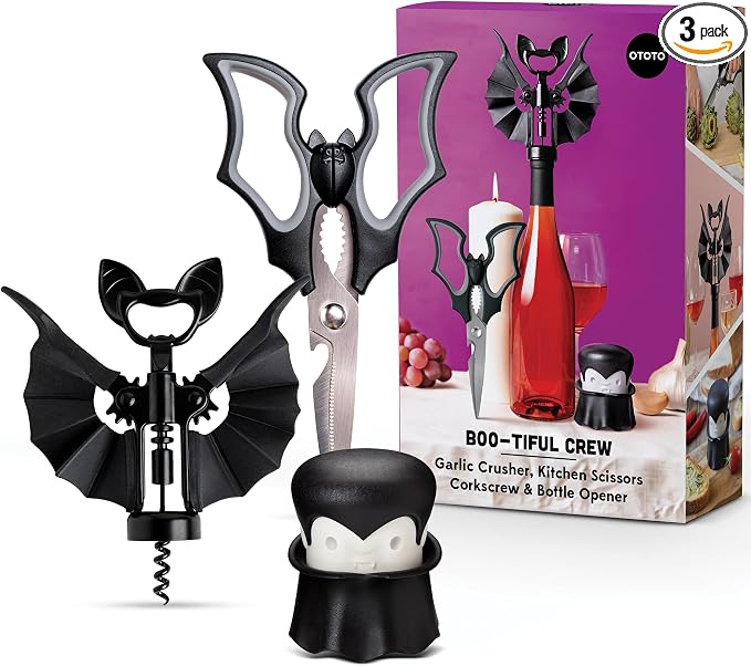 OTOTO Boo-tiful Crew Bundle of Elizabat, Vino, Gracula - Halloween Kitchen Decor Goth Accessories, Cool Kitchen Gadgets, Bat Scissors, Spooky, Witchy Bottle Opener, Garlic Crusher, Spooky Funny Gifts