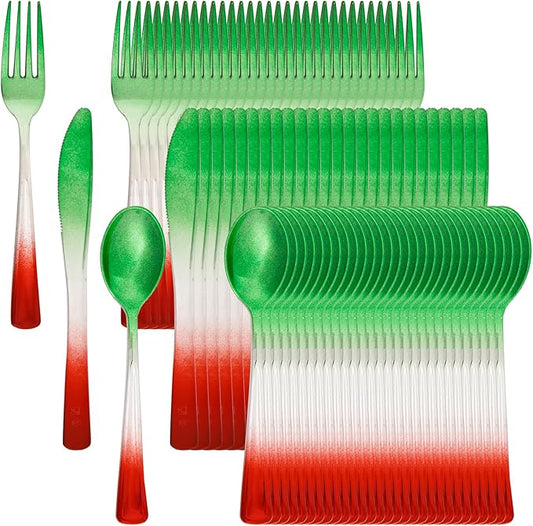 LIYH 120 Pcs Christmas Plastic Silverware - Green and Red Plastic Silverware for Xmas, Gold Cutlery Disposable for Christmas Day Holiday, Gathering