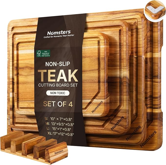 4 Pack Teak Wood Cutting Boards for Kitchen Wooden Chopping Board Non Toxic | Heavy Duty, Charcuterie Board, Serving, Non Slip, Solid Thick Wood, Extra Large Big Small, Meat, House Warming & Hostess Gift
