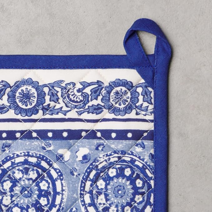 Maison d' Hermine Pot Holders 100% Cotton Potholders (8" x 8", Pack of 1) | Heat Resistant Hot Pads with Loop BBQ Cooking Baking Farmhouse Kitchen Handling Hot Pans Spring Summer - Melodie Bleue