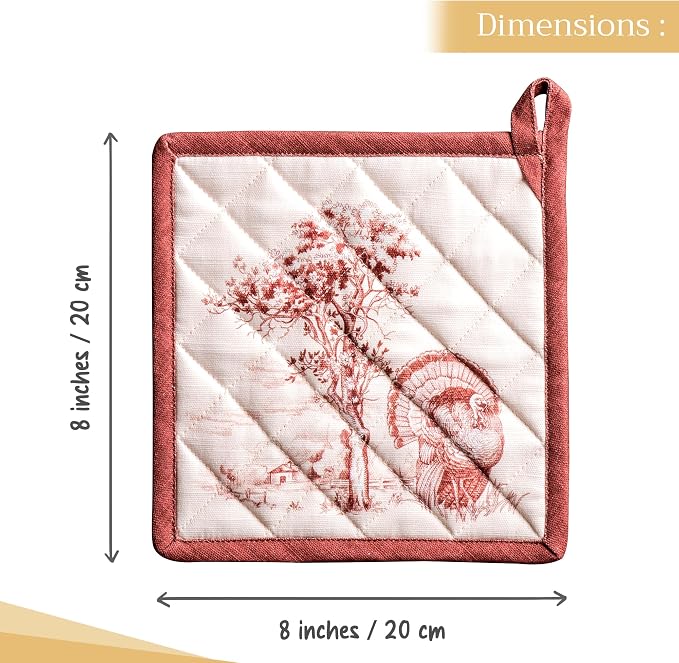 Maison d' Hermine Pot Holders 100% Cotton Potholders (8" x 8", Pack of 2) | Heat Resistant Hot Pads with Loop BBQ Cooking Baking Kitchen Handling Hot Pans Thanksgiving Christmas - Holy Jouy - Brown
