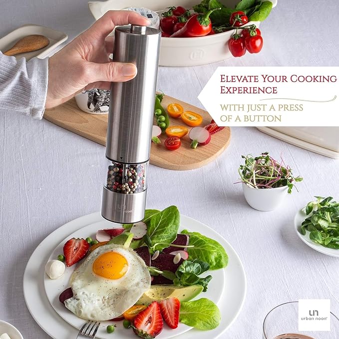 Urban Noon Electric Salt or Pepper Grinder Set (1 Mill, 8.1" Tall) - One-Handed Push-Button Mills with LED Light, Adjustable Ceramic Coarseness, Gift-Ready Box, 1-Year Warranty - Black