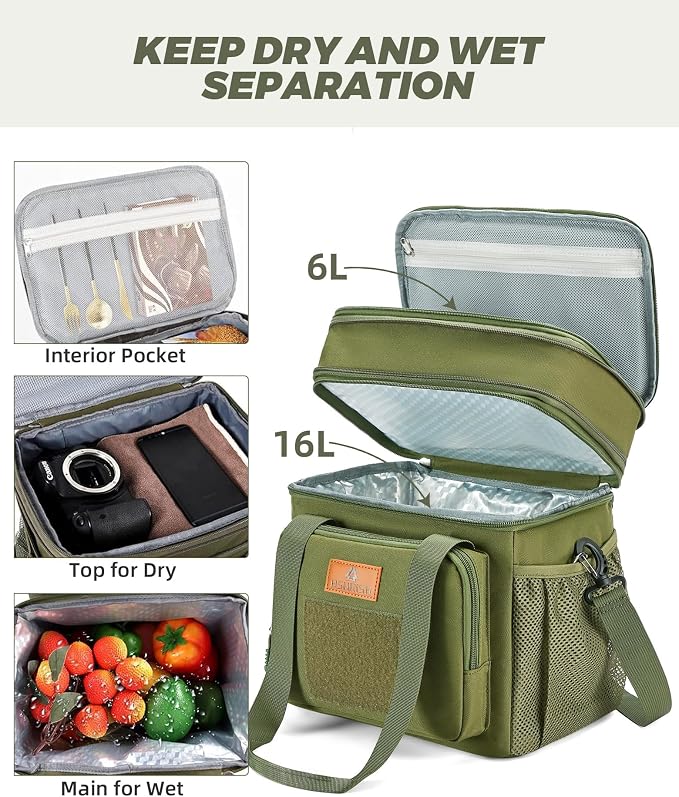 HSHRISH Expandable Large Tactical Lunch Box for Adults, Durable Insulated Lunch Bag with Lots of Storage Space, Cooler Bag for Men Women Work Outdoor Picnic Trip, 16 L, Black