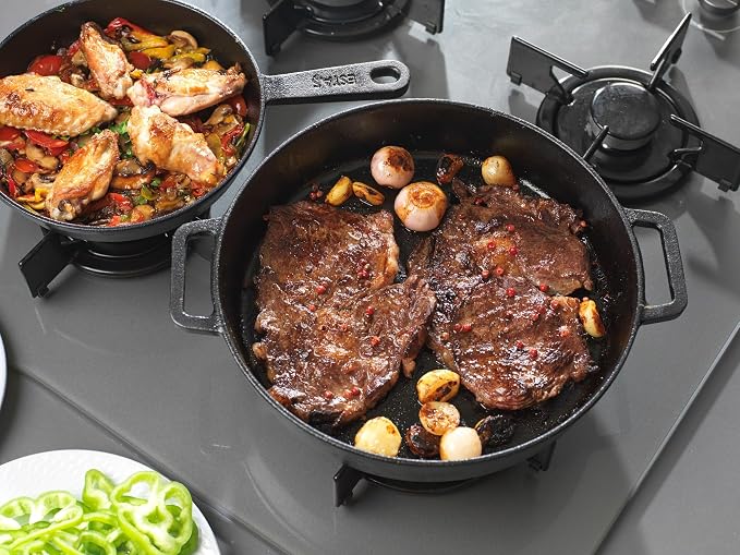 ESTAS 10.25 Inch Cast Iron Skillet with Dual Assist Handles – Pre-Seasoned Frying Pan for Oven, Stovetop, Grill & Campfire – Superior Heat Retention - Includes 5.5 Inch Cast Iron Mini Skillet