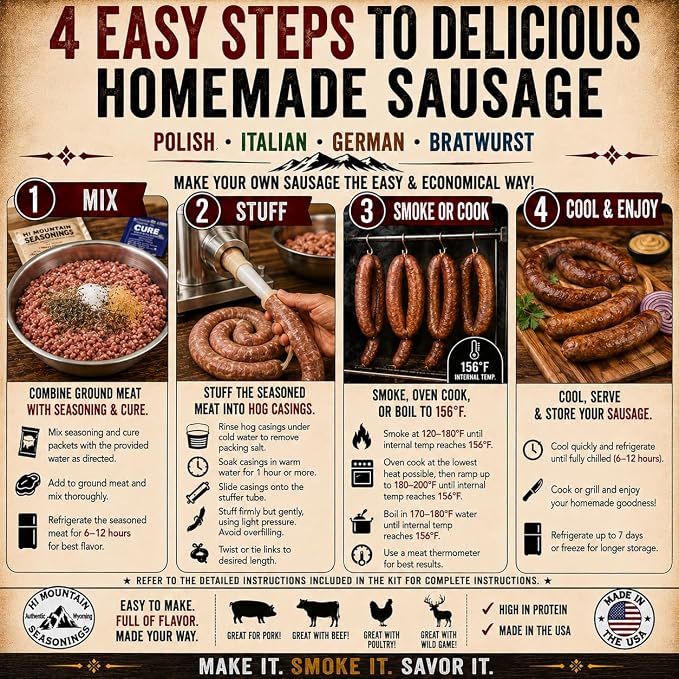 Hi Mountain SPCIY BEER BRATWURST Kit | Makes up to 24 lbs | Complete bratwurst seasoning kit with cure, natural hog casings & directions. Perfect for pork, beef, venison, deer, & elk
