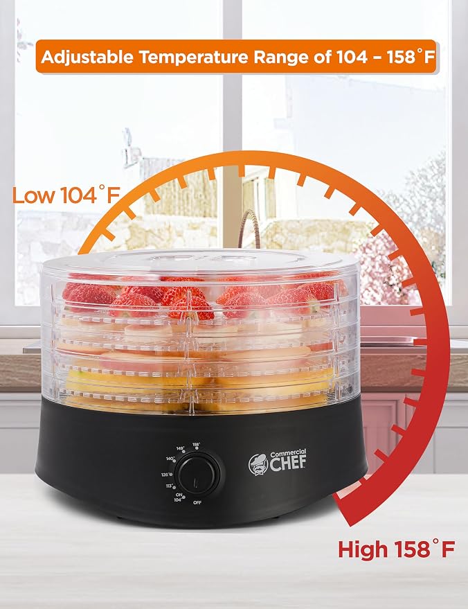 Commercial Chef Food Dehydrator, Five 9.25” BPA-Free Trays, CCD100B6, Black | Dehydrates and Dries Meat, Fruit, Veggies and Jerky, 280W Dehydration Machine, Adjustable Thermostat