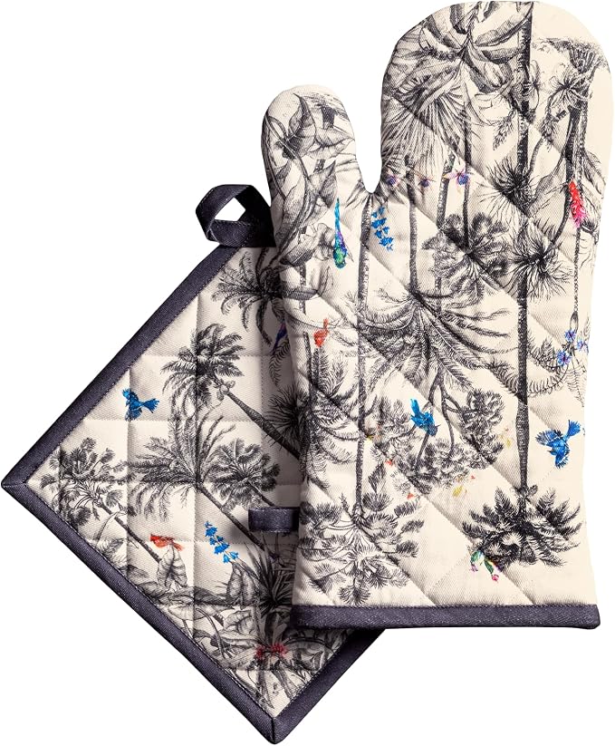 Maison d' Hermine 100% Cotton Oven Mitt & Pot Holder Set (7.5"x13" & 8"x8") | Heat Resistant BBQ Cooking Gloves with Loop Baking Grilling Kitchen Hotel Home Farmhouse Thanksgiving Christmas - Amazonia