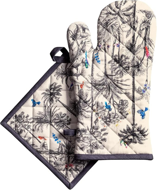 Maison d' Hermine 100% Cotton Oven Mitt & Pot Holder Set (7.5"x13" & 8"x8") | Heat Resistant BBQ Cooking Gloves with Loop Baking Grilling Kitchen Hotel Home Farmhouse Thanksgiving Christmas - Amazonia
