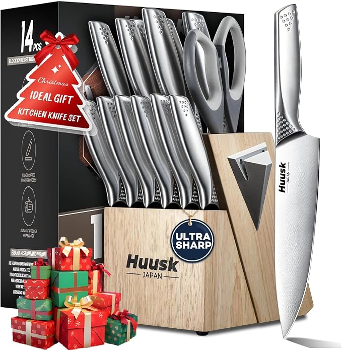 Huusk Kitchen Knife Set with Block & Built-in Sharpener - 14 pcs | Japanese Stainless Steel Knife Block Set, Sharp Chef Knife Set with Scissors, Ergonomic Handle, Gifts for Men Women
