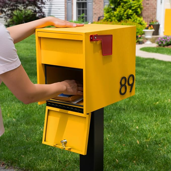 Adoorn Lockable Post Mount Mailboxes for Outside - Large Anti-Theft Locking Mailbox for Packages and Letters - Weatherproof Construction - Durable Steel - 15.5" H x 12" W x 18.5" D - Yellow
