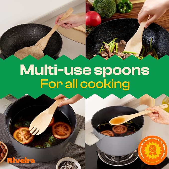 Riveira Maple Wooden Spoons for Cooking Set of 6 – Natural Maple Wooden Cooking Utensils, Wooden Spatula, Wooden Spoon - Premium Quality Utensil Set for Non-Toxic Cooking