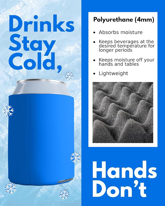 PartyPrints 100 Pack Cerulean Blank Can Cooler Sleeves, Customizable Bulk Insulated Foam for Beer, Collapsible Plain Drink Holder, Cold Soda Insulator, 12oz Regular, 16oz Tall Cans