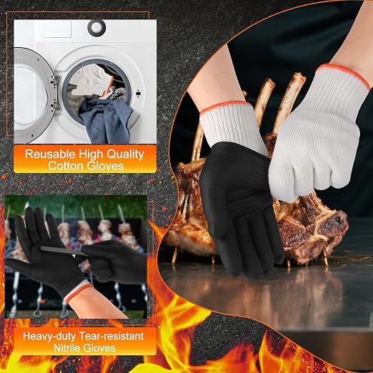 ANBOSON BBQ Gloves Disposable, Heat Resistant Grilling Gloves for Cooking | 6Mil Disposable Nitrile Gloves-100Ct & 4 Cotton Liners for BBQ, Grill, Smoker, Cooking, Food Prep, Catering, Large, Black