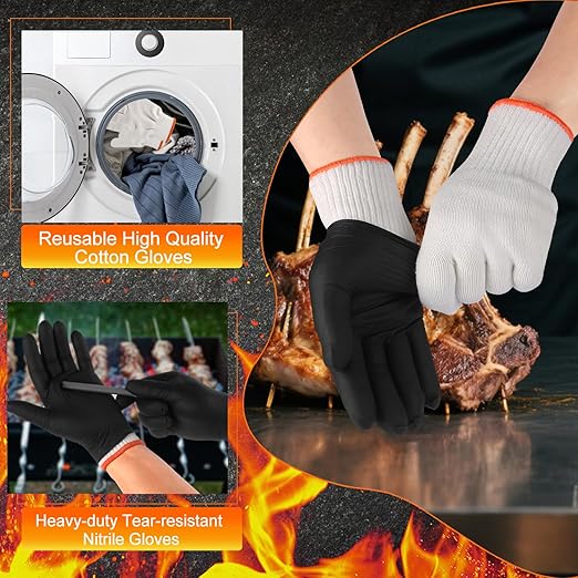 ANBOSON BBQ Gloves Disposable, Heat Resistant Grilling Gloves for Cooking | 6Mil Disposable Nitrile Gloves-100Ct & 4 Cotton Liners for BBQ, Grill, Smoker, Cooking, Food Prep, Catering, XLarge, Black
