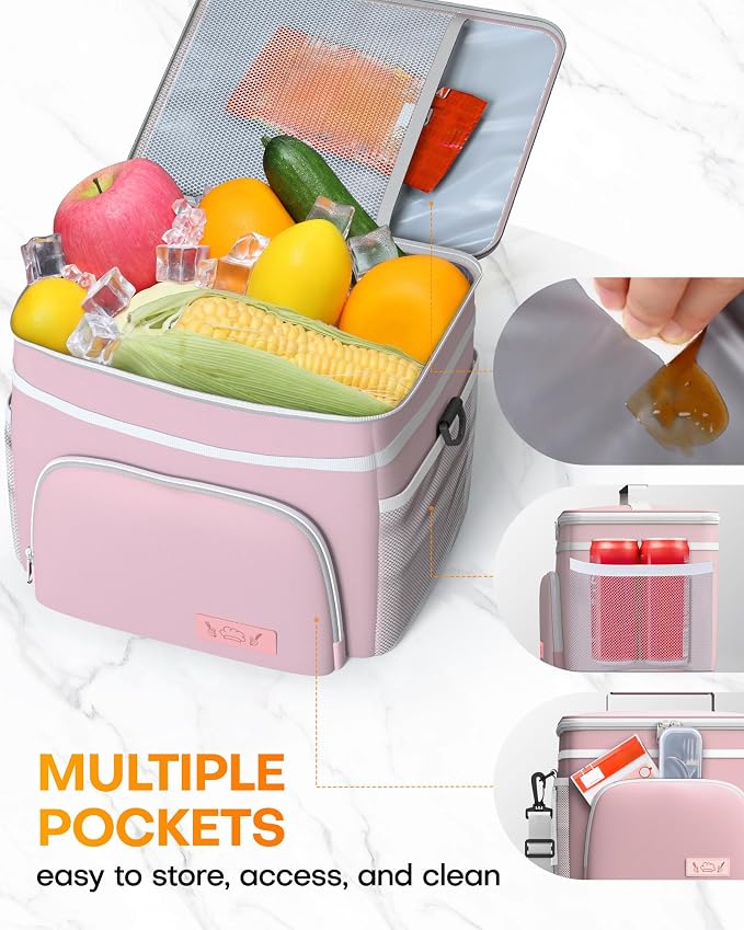 HOTOR Insulated Lunch Box Men Women Leak-Proof Cooler Lunch Bag 9L | 4 Pockets, Adjustable Strap, Ideal for Work, Picnic, Travel, Camping, Gift, Pink