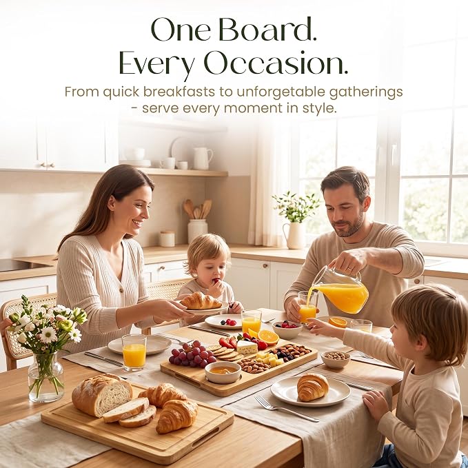 3-Piece Bamboo Cutting Boards - Groove, Handles, 15/12/9" - Light Natural | Bamboo boards with juice groove for prep, serving side for charcuterie