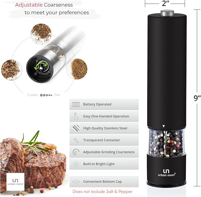 Urban Noon Electric Salt and Pepper Grinder Set (2 Mills, 8.1" Tall) - One-Handed Push-Button Mills with LED Light, Adjustable Ceramic Coarseness, Gift-Ready Box, 1-Year Warranty - Black