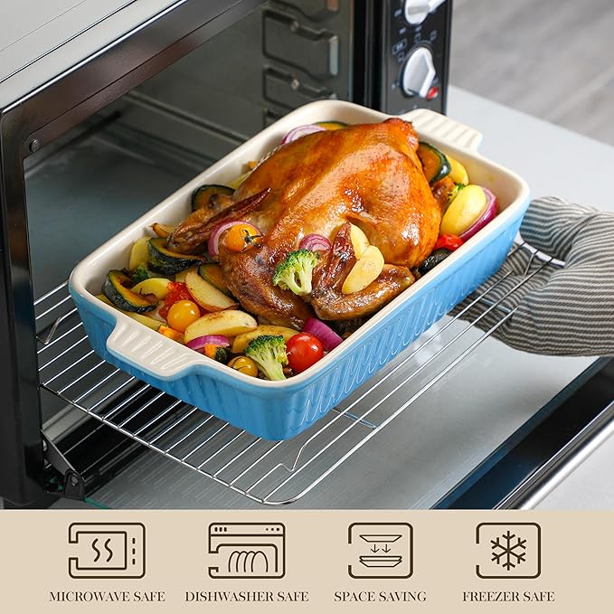 MALACASA Casserole Dishes for Oven, Porcelain Baking Dishes, Ceramic Bakeware Sets of 4, Rectangular Lasagna Pans Deep with Handles for Baking Kitchen, Blue (9.4"/11.1"/12.2"/14.7"), Series BAKE.BAKE