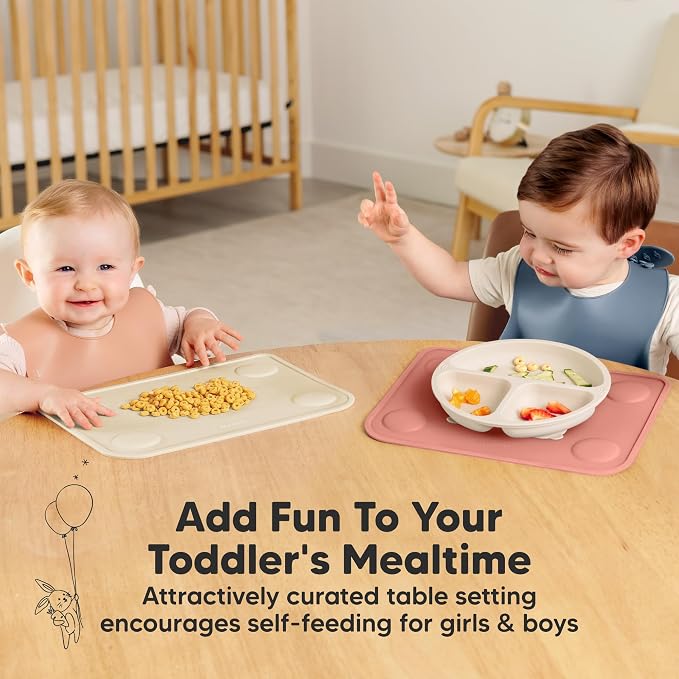 KeaBabies 2pk Silicone Placemats for Toddlers, Kids, 12x9 (Roseate) | Non Slip Suction Silicone Placemat for Restaurants, Dining Table,Travel, Easy to Clean, Food Grade, BPA-Free, Large Table Mat
