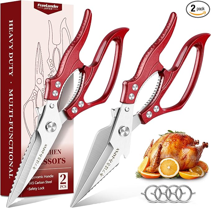 Freelander Poultry Shears Set Red - All Purpose Heavy Duty Kitchen Shears | Japanese Kitchen Scissors for Food, Chicken, Meat, Fish, Vegetables with Ergonomic Non-Slip Handle, Gifts for Women Men