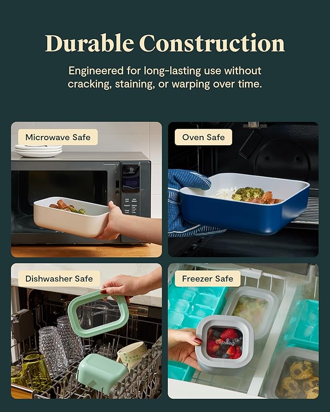 Caraway 6pc Glass Food Storage Set – 4.4 Cup Food Containers (6) - Ceramic Coated - Non Toxic, Non Stick with Lids - Microwave Safe - Sage