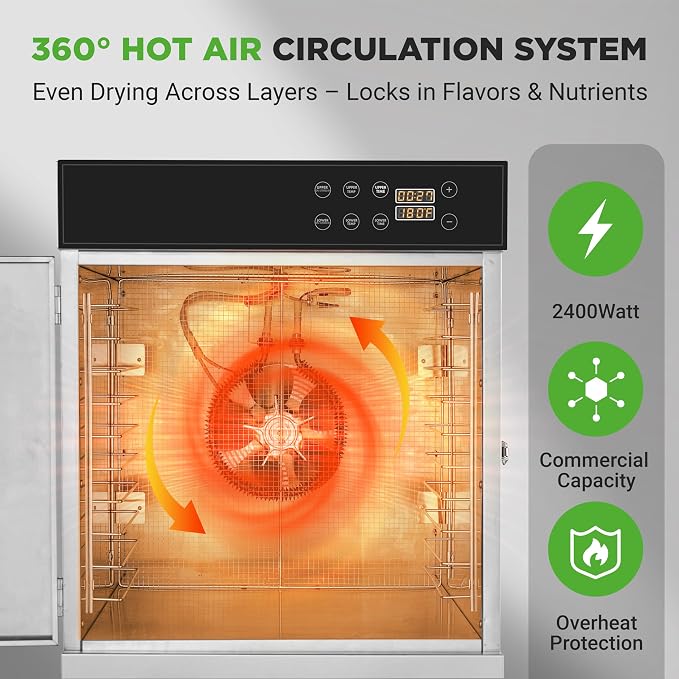 NutriChef 32 Layer & 2 Chamber Commercial Food Dehydrator Machine - Stainless Steel Trays, Digital Timer and Temperature Control, Ideal for Jerky Meat, Fruit, Pet Treats, Vegetables, and Herbs