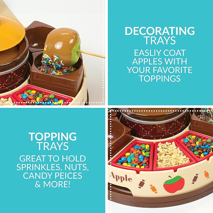 Nostalgia Chocolate & Caramel Fondue Pot, 25 Sticks, Fondue Machine with Decorating and Toppings Trays, Brown