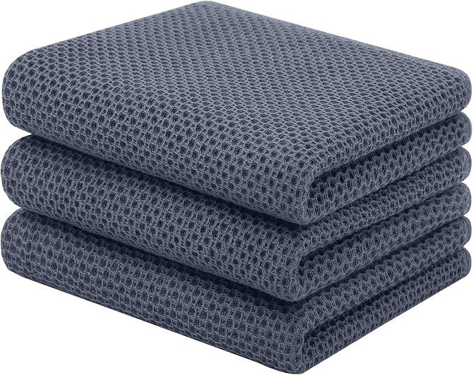Homaxy 100% Cotton Waffle Weave Kitchen Towels, 3-Pack, Dark Grey | 13 x 28 Inches, Ultra Soft Absorbent Dish Towels, Quick Drying Cleaning Towels