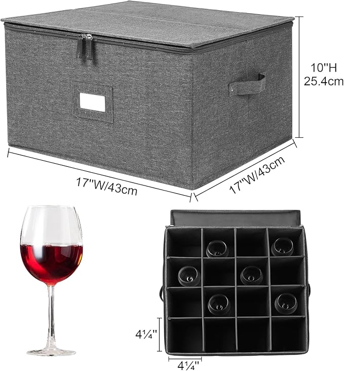 popoly Stemware Storage Cases 2 Pack, Wine Glass Storage Box Containers | Glassware Storage Containers for Glassware or Crystal, Holds 32 Red or White Wine Glasses, Hard Top and Stackable (Grey)