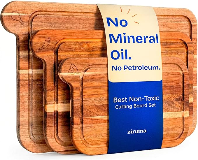 Non-Toxic Acacia Cutting Board Set of 3, Mineral Oil Free, Plastic Free | Petroleum free. No BPA. FSC-certified wood. 3 sizes: 17x11, 14x9 & 11x7 in. Beeswax, flaxseed & lemon oil finish.