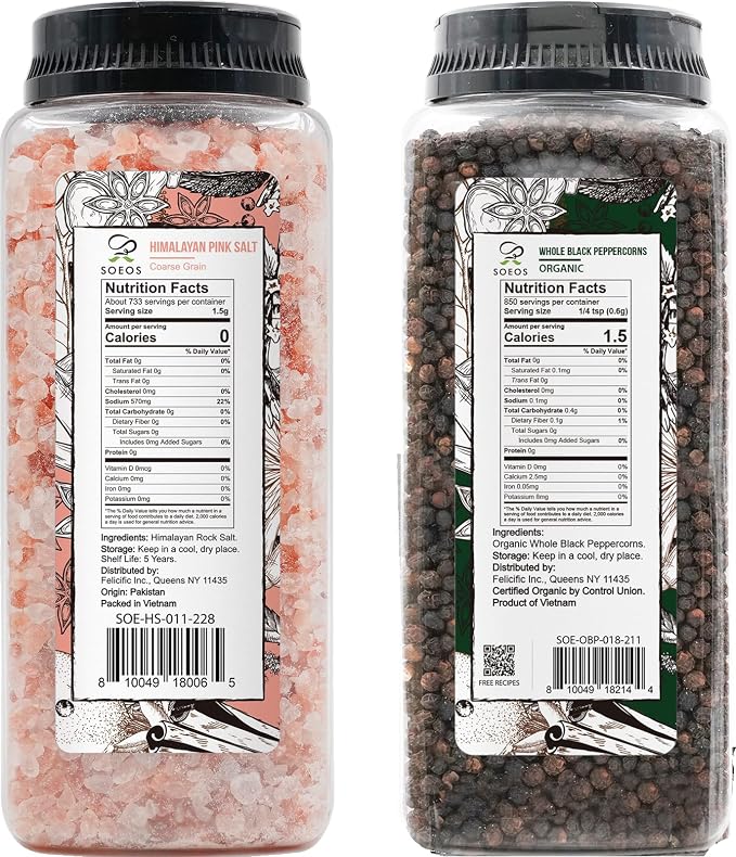 Soeos Himalayan Pink Salt Coarse 39 oz + Organic Black Peppercorns 18 oz, Salt for Grinder Refill, Salt and Peppercorns, Pepper Grinder Refill, Non-GMO Spice Seasoning Set For Cooking