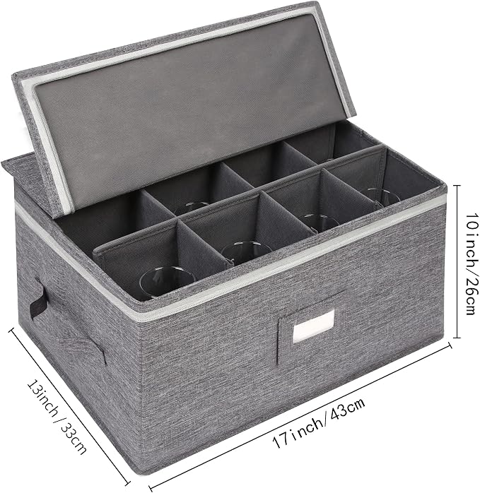 Stemware Storage Cases, Wine Glass Storage Box Containers for Crystal | Glassware Storage Containers Holds 12 Red or White Wine Glasses, Hard Top and Sides (Grey)