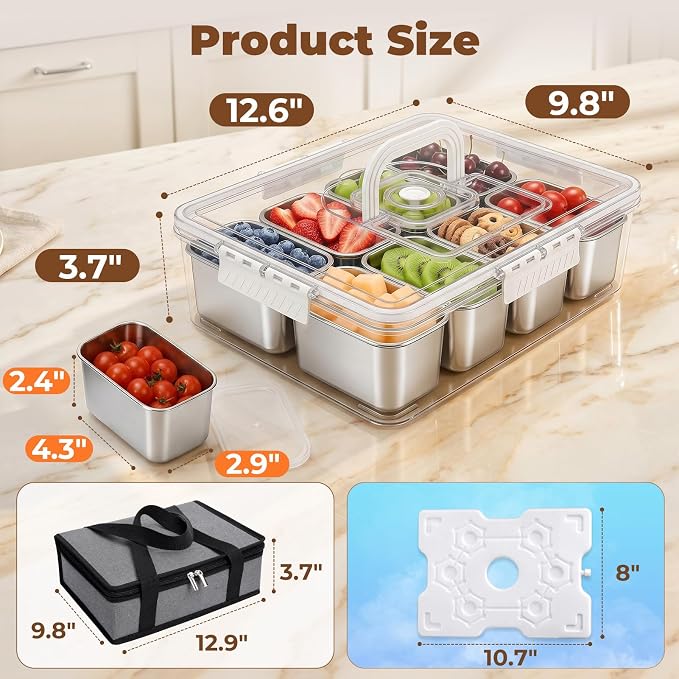 Homelove Snackle Box Container with Ice-Pack, Snack Container Divided Serving Tray with 8-Compartment Snack Platter, Lid and Handle, Food Organizer for Outdoor Travel Party Beach Picnic