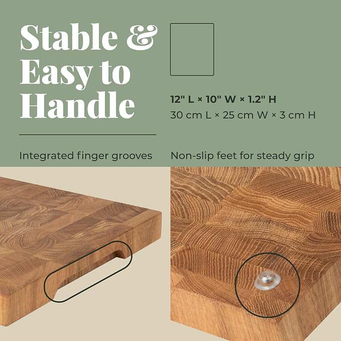 End Grain 12"x10" European Oak Wood Cutting Board with Non-Slip Feet & Handles, Charcuterie Board, Knife-Friendly, Serving Cutting Board for Kitchen
