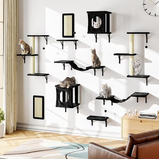 10 Pcs Cat Wall Shelves Set, Wall-Mounted Climber with Cat House, Scratching Post, Bridge, Hammock, Space-Saving Play Furniture, Black