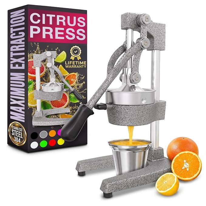 Cast Iron Juicer Hand Press, Heavy-Duty Squeezer, 304 Stainless Steel Bowl – One Pull Extracts Full Juice – Manual Citrus Press Juicer & Orange Squeezer for Lemon, Lime & Lemonade at Home Bar (Silver)