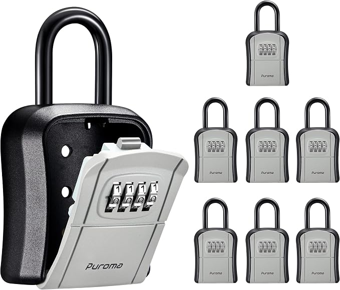 Puroma Key Lock Box Outdoor 4 Digit Code Combination Lockbox House, 8 Gray | For Contractors Guest Realtor Storage Keys, Portable, Home Wall Mount, Resettable, Combination, Weatherproof, High-capacity