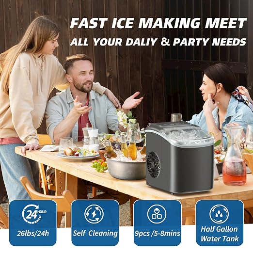 26LBS Per Day Portable Countertop Ice Maker, Self-Cleaning 2 Sizes of Bullet Ice Machine with Scoop and Basket, 9 Cubes in 6 min,Ideal for Home/Kitchen/Bar/Camping (Home, 26.5LBS/Day)