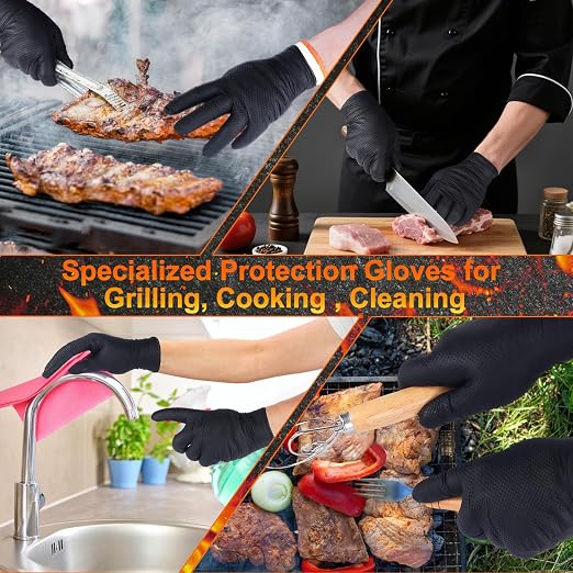 ANBOSON BBQ Gloves Disposable, Heat Resistant Grilling Gloves for Cooking | 10Mil Heavy Duty Nitrile Gloves-100Ct &4 Cotton Liners for Meat Handling Smoker for Hot Food Prep,Non-Slip Grip,XLarge,Black