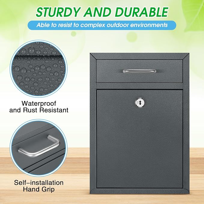 Yaocom Locking Mailbox with Key for Outdoor 12.2 x 8.5 x 3 Inches Large Wall Mount Mail Box with Lock Security Mail Drop Metal Collection Boxes Hanging Secure Postbox(Dark Gray)