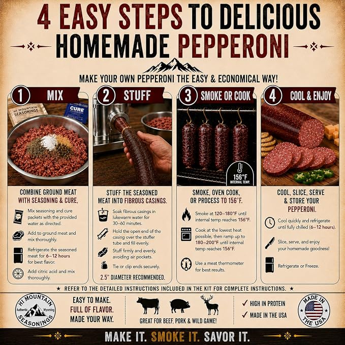 Hi Mountain PEPPERONI Sausage Kit | Complete sausage-making kit with seasoning, cure & 10 casings. Beef, pork, venison, deer, elk. Makes up to 30 lbs