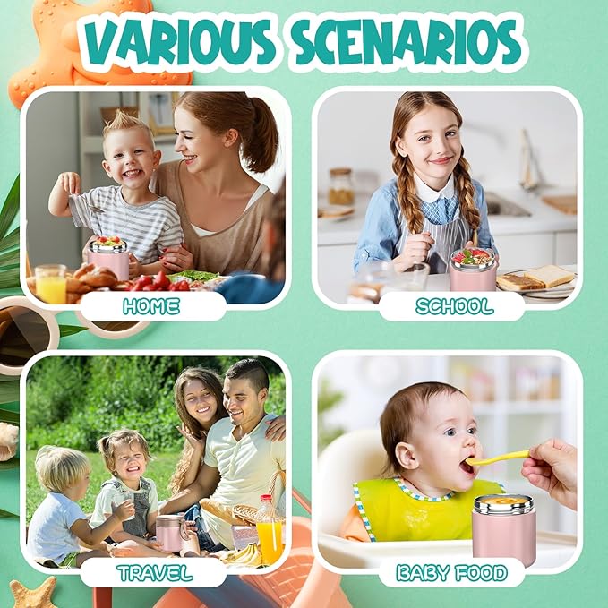 Thermo for Hot Food Kids - 15.2oz with Folding Spoon and Silicone handle | Leak Proof Insulated Food Jar, Soup Thermo, Wide Mouth Insulated Lunch Containers, Dishwasher Safety