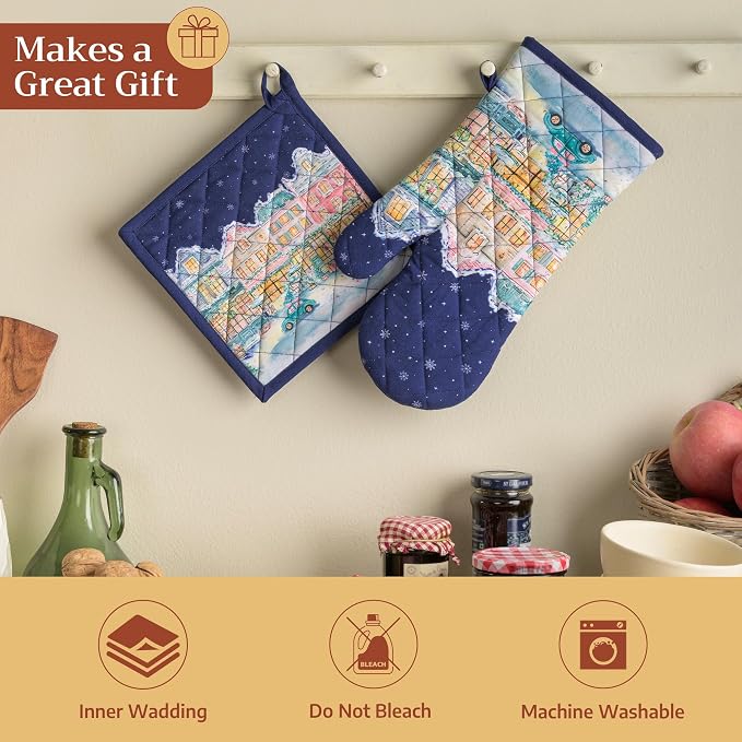 Maison d' Hermine Pot Holders 100% Cotton Potholders (8" x 8", Pack of 2) | Heat Resistant Hot Pads with Loop BBQ Cooking Kitchen Handling Hot Pans Thanksgiving Christmas - Christmas Market - Blue