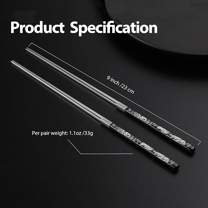Phoenix Chopsticks Metal Reusable Designed In Korea Japanese Style Stainless Steel 316 18/10 Non-Slip Dishwasher Safe Laser Etched (Black - 5 Pairs)