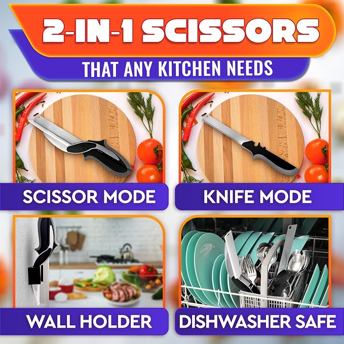 2 in 1 Kitchen Scissors for Food with Cutting Board, Safety Lock | Stainless Steel Cutting Board Scissors for Veggies, Fruit & Cheese; 9.5" Detachable Blade; Dishwasher Safe Tomato Knife