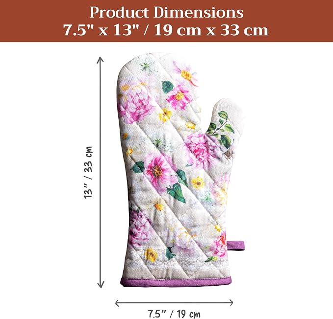 Maison d'Hermine Oven Gloves 100% Cotton Oven Mitt (7" x 13", Pack of 1) | With Loop Heat Resistant BBQ Cooking Gloves Baking Grilling Kitchen Handling Hot Pans Spring Summer - Pivoine