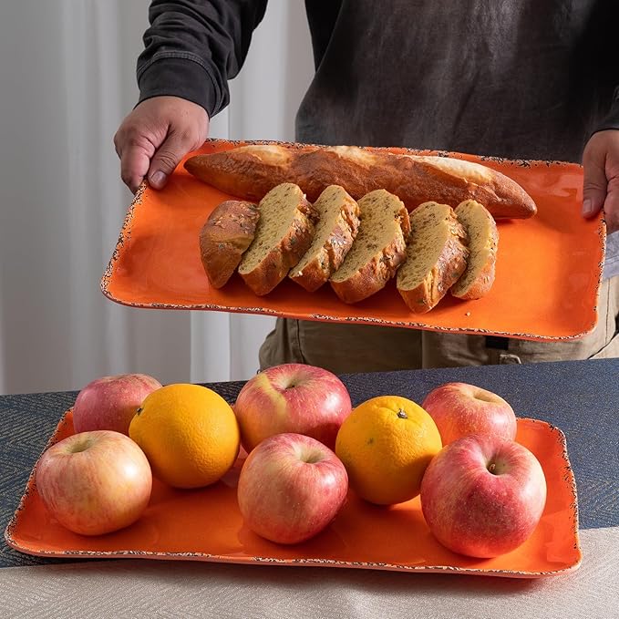 Vintage Melamine 17" x 10" Serving Platters for Serving Food, Set of 2, 100% Melamine Large Rectangle Serving Trays Sets for Fruit, Appetizer, Dessert, Home and Party Use. Orange